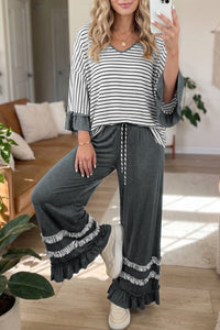 Women's Gray Stripe V-Neck Ruffle Sleeve Top & Drawstring Pants 2-Piece Set