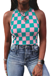 Pink Checkerboard Printed Slim Tank Top