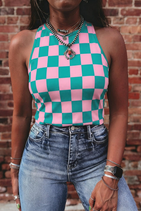 Women's Trendy Women's Pink Checkerboard Slim Fit Tank Top - Perfect Casual Summer Wear for Effortless Style