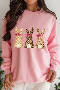 Women's Trendy Women's Pink Checkered Leopard Print Sweatshirt with Dropped Shoulders for Casual Easter Style