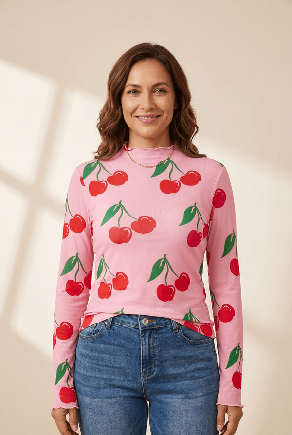 women's trendy women's pink cherry print long sleeve mesh top with lettuce trim - lightweight and stylish for any occasion with practical styling and