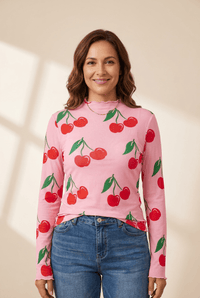 
women's trendy women's pink cherry print long sleeve mesh top with lettuce trim - lightweight and stylish for any occasion with practical styling and