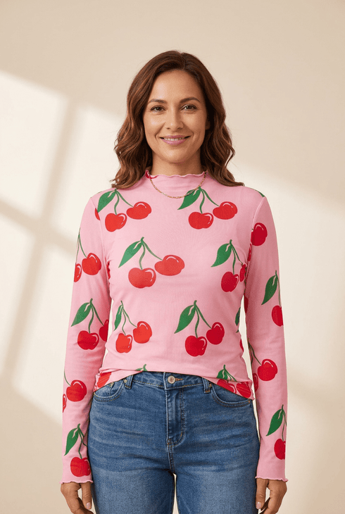 women's trendy women's pink cherry print long sleeve mesh top with lettuce trim - lightweight and stylish for any occasion with practical styling and