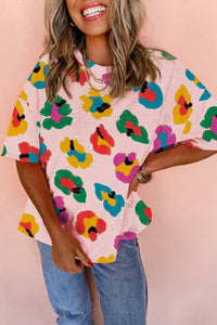 Women's Trendy Women's Pink Leopard Print Oversized Tee with Drop Shoulders for Effortless Casual Comfort