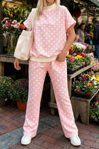 women's trendy women's pink polka dot color block shift top and pant set - stylish, comfortable outfit for any occasion with practical styling and