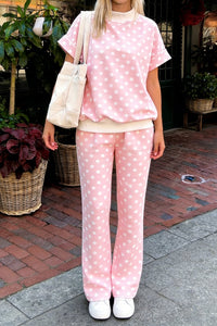Pink Polka Dot Print Color Block Trim Top Shift Pant Set