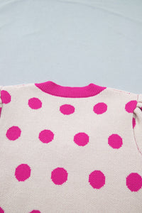 Pink Polka Dot Puff Short Sleeve Sweater Top