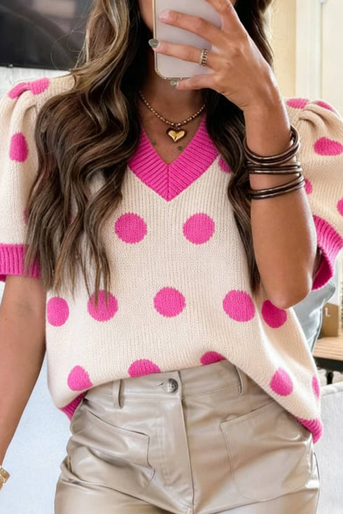 Women's Trendy Women's Pink Polka Dot Puff Sleeve Sweater Top - Comfortable Fit for Casual Chic Outfits and Everyday Style