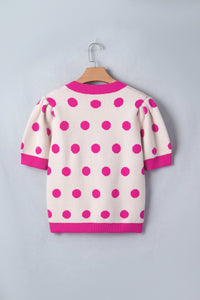 Pink Polka Dot Puff Short Sleeve Sweater Top