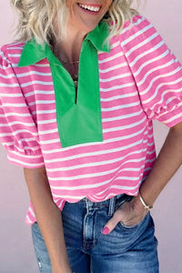 Trendy Women's Pink Striped Color Block Polo Blouse with Puff Sleeves - Chic Casual Top for Everyday Wear