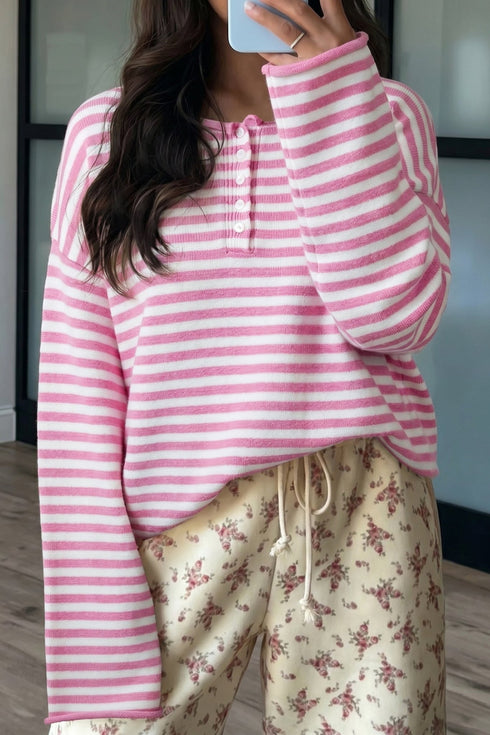 $10.98 Pink Stripe Striped Button Placket Drop Shoulder Long Sleeve Sweater Wholesale