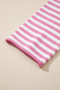 $10.98 Pink Stripe Striped Button Placket Drop Shoulder Long Sleeve Sweater Wholesale