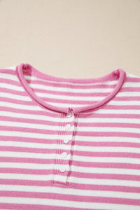 $10.98 Pink Stripe Striped Button Placket Drop Shoulder Long Sleeve Sweater Wholesale