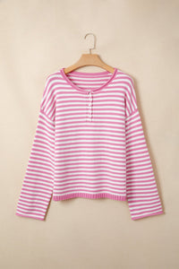 $10.98 Pink Stripe Striped Button Placket Drop Shoulder Long Sleeve Sweater Wholesale