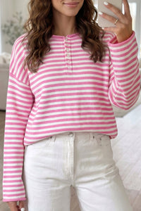 $10.98 Pink Stripe Striped Button Placket Drop Shoulder Long Sleeve Sweater Wholesale
