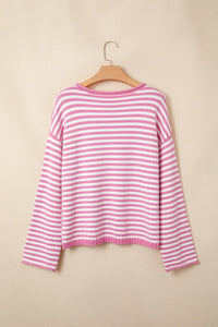 $10.98 Pink Stripe Striped Button Placket Drop Shoulder Long Sleeve Sweater Wholesale