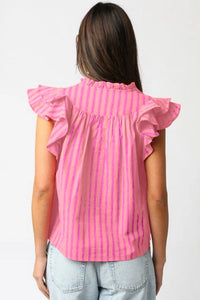 Pink Stripe Split Neck Ruffled Summer Blouse