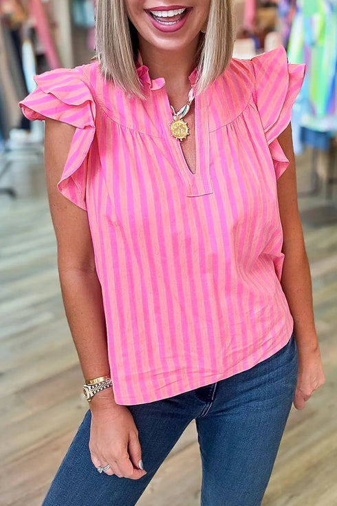 trendy women's pink striped ruffled summer blouse with split neck - easy and wearable casual top for warm days with practical styling and dependable