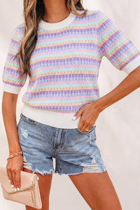 Trendy Women's Purple Abstract Striped Knit Sweater - Short Sleeve Casual Fit for Effortless Everyday Style