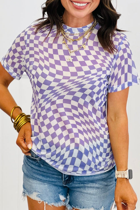 Women's Warped Purple Checkered Mesh Mock Turtleneck T-Shirt