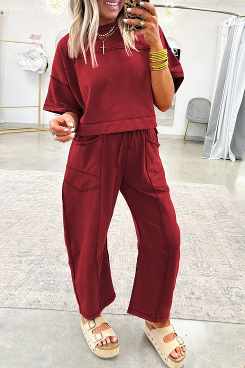 Women's Trendy Women's Racing Red Drop Shoulder Boxy Tee and Comfortable Barrel Pants Set – Stylish Casual Outfit for Daily Wear