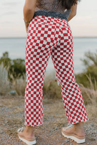 Red Checkerboard Print Distressed Holes Raw Edge Cropped Jeans