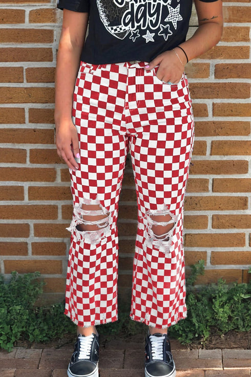 Women's Red Checkerboard Distressed Cropped Jeans with Raw Hem