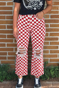 Women's Red Checkerboard Distressed Cropped Jeans with Raw Hem
