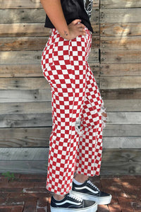 Red Checkerboard Print Distressed Holes Raw Edge Cropped Jeans