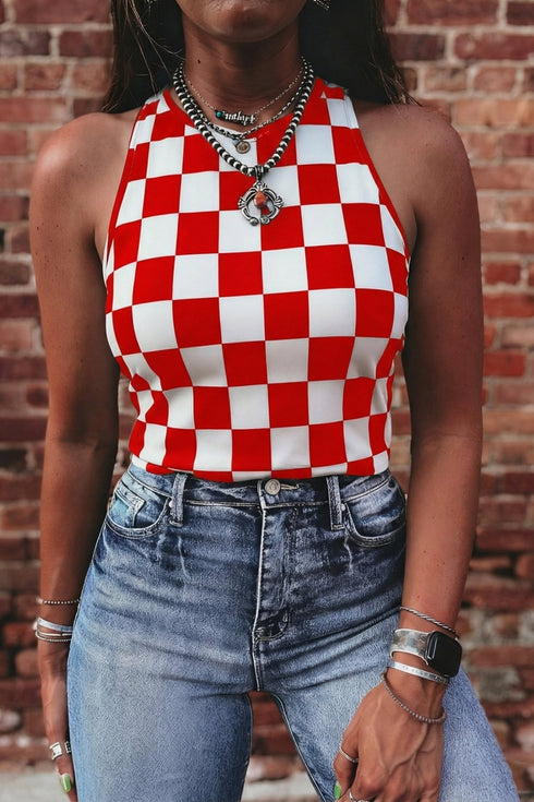 Women's Trendy Women's Red Checkerboard Slim Fit Tank Top - Perfect Casual Summer Wear for Stylish Outings