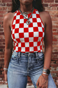 Women's Trendy Women's Red Checkerboard Slim Fit Tank Top - Perfect Casual Summer Wear for Stylish Outings