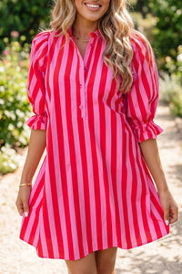 Trendy Women's Red Striped Puff Sleeve Mini Dress with Half Button Closure – Stylish Loose Fit for Summer Outings