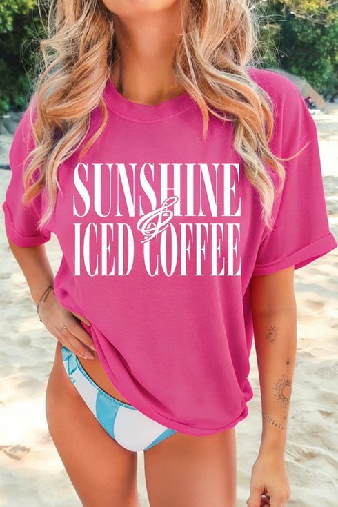 Trendy Women's Rose Red Graphic T-Shirt with Sunshine Iced Coffee Print - Relaxed Fit for Casual Summer Style