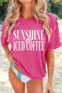 Trendy Women's Rose Red Graphic T-Shirt with Sunshine Iced Coffee Print - Relaxed Fit for Casual Summer Style