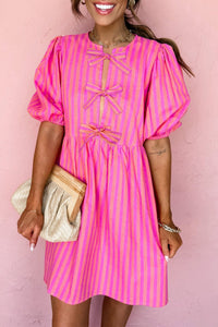 Women's Rose Striped Bow Detail Puff Sleeve Mini Dress