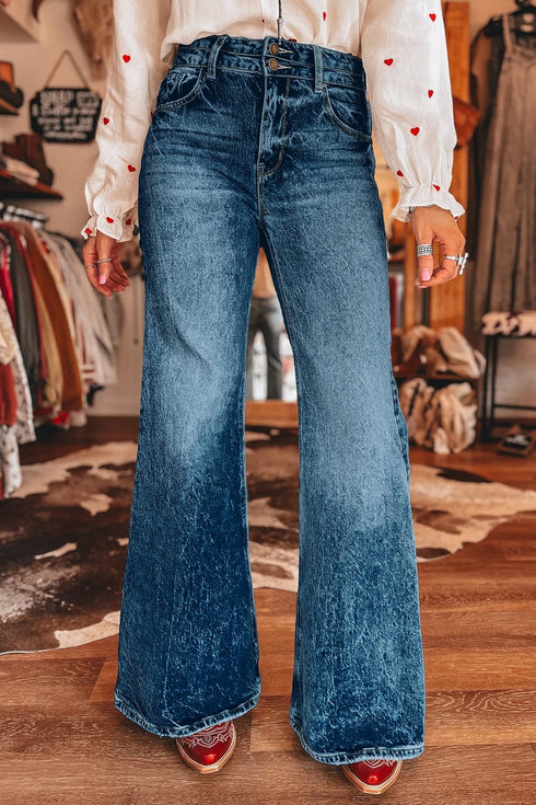 Trendy Women's Sail Blue Acid Wash Flare Jeans with Pocket Detail - Comfortable Everyday Style for Effortless Fashion