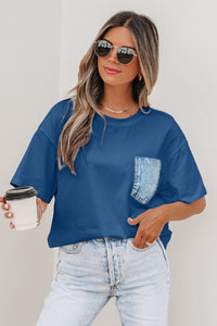 Trendy Women's Sail Blue Color Block Casual Short Sleeve Top with Pocket - Stylish and Comfortable Everyday Essential