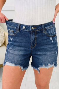 Trendy Women's Sail Blue Distressed Denim Shorts with Asymmetric Raw Hem for Casual Summer Style and Comfort