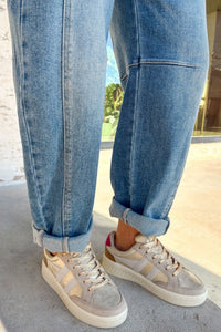 Sky Blue Medium Wash Cuffed Barrel Jeans