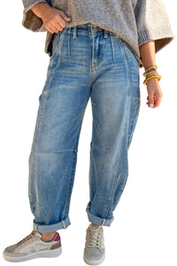 Sky Blue Medium Wash Cuffed Barrel Jeans