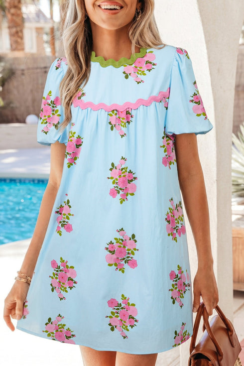 Trendy Women's Sky Blue Floral Bubble Sleeve Dress with Ricrac Detail – Chic Summer Fashion for Effortless Style