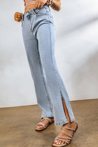 Sky Blue High Rise Slit Anklet Flare Jeans