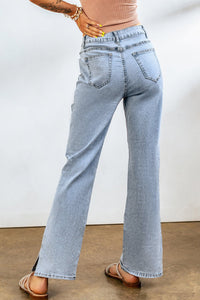 Sky Blue High Rise Slit Anklet Flare Jeans