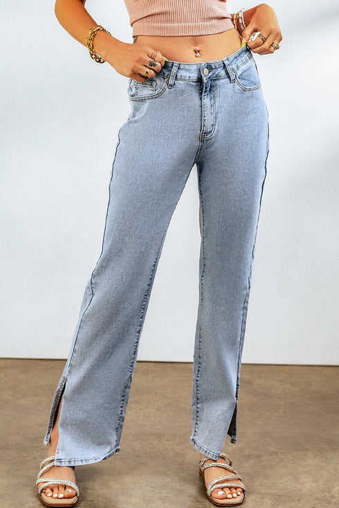 Women's Sky Blue High-Rise Flare Jeans with Split Ankle Hem