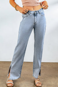 Women's Sky Blue High-Rise Flare Jeans with Split Ankle Hem