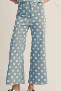 Women's Sky Blue Polka Dot High-Rise Wide-Leg Jeans