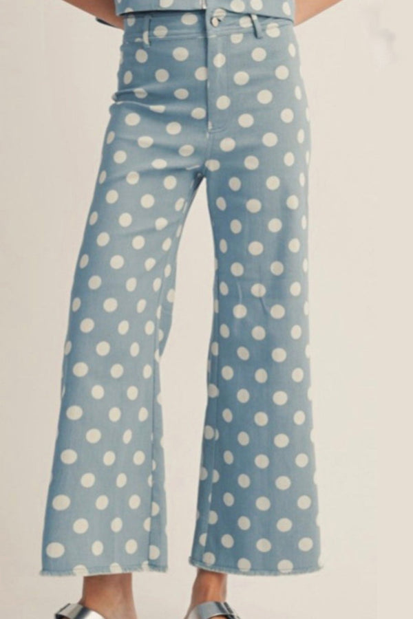 Women's Sky Blue Polka Dot High-Rise Wide-Leg Jeans