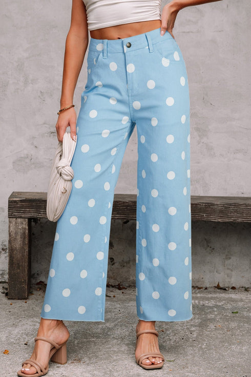 Trendy Women's Sky Blue Polka Dot Shift Jeans with Raw Hem – Effortless Casual Fit for Chic Everyday Style