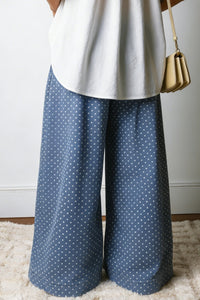 Sky Blue Polka Dot Print Button Pleated Detail Wide Leg Jeans