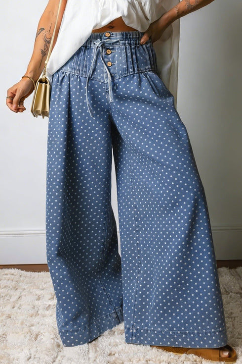 Women's Trendy Women's Sky Blue Polka Dot Wide Leg Jeans with Pleats - Stylish, Comfortable Casual Wear for Every Occasion